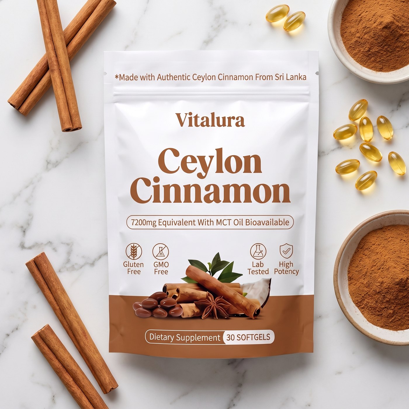 大理石の上のVitaluraパッケージとセイロンシナモンスティック、ソフトジェル