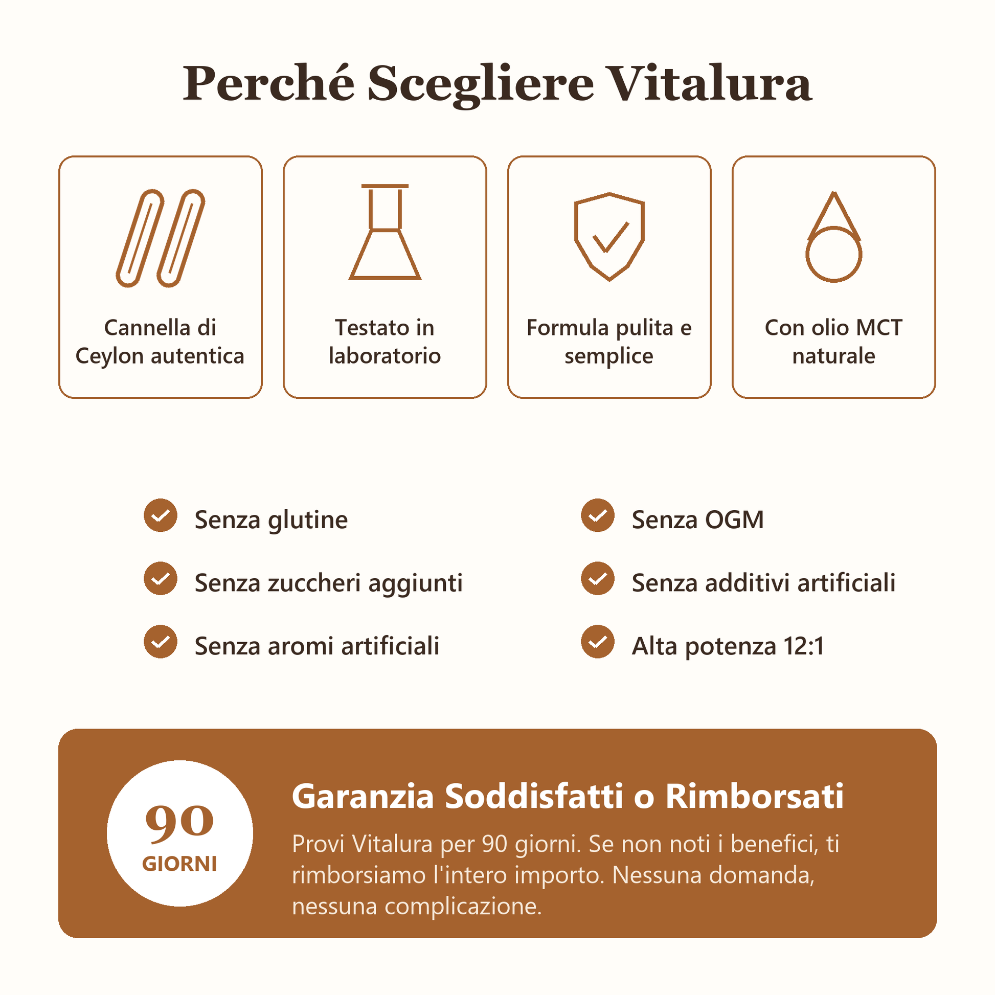 Perché scegliere Vitalura: cannella autentica, testata in laboratorio, garanzia 90 giorni