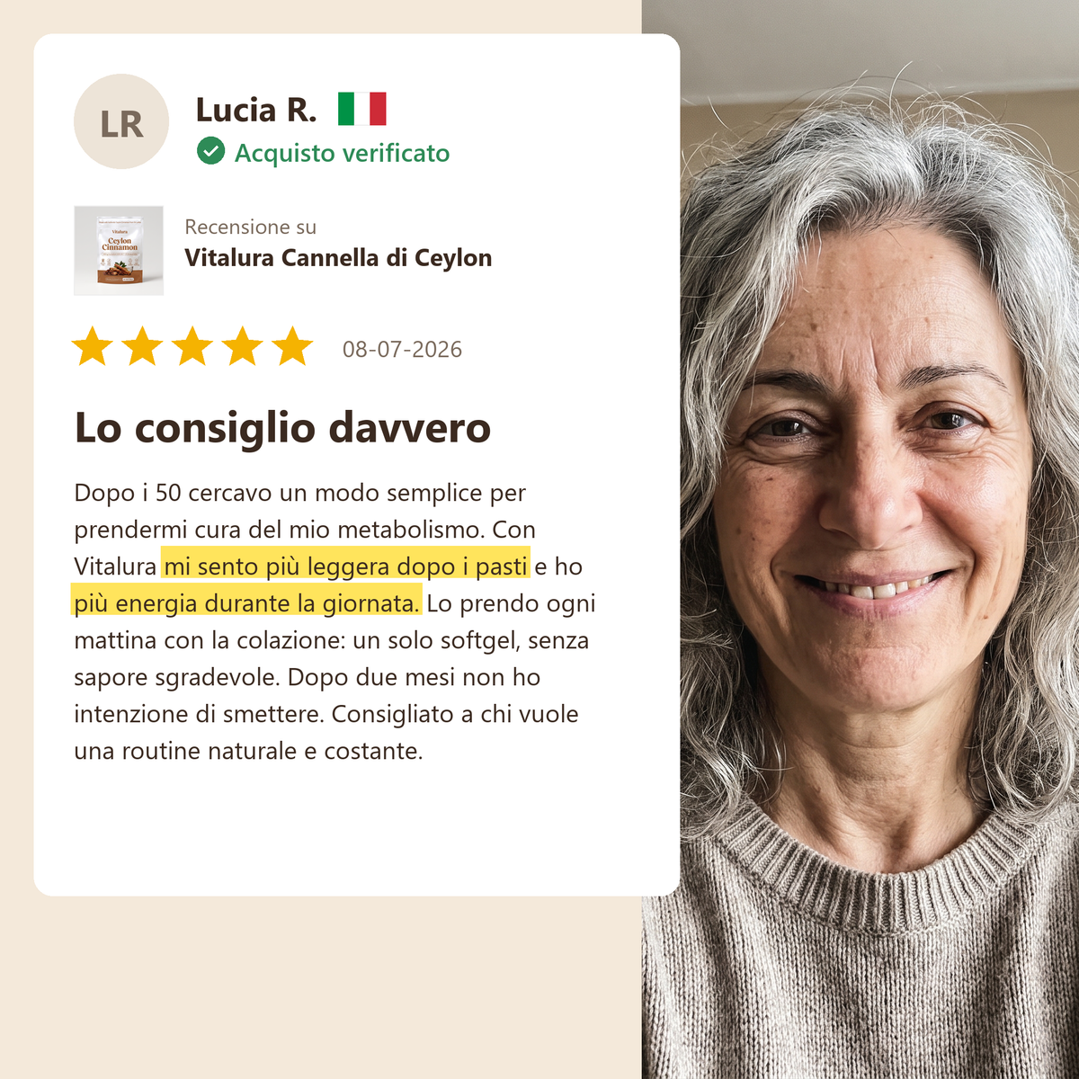 Recensione cliente Vitalura: più leggera dopo i pasti e più energia durante la giornata