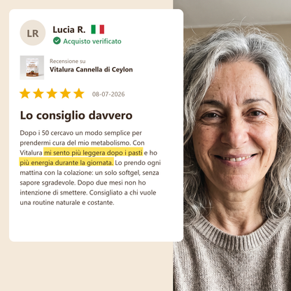 Recensione cliente Vitalura: più leggera dopo i pasti e più energia durante la giornata