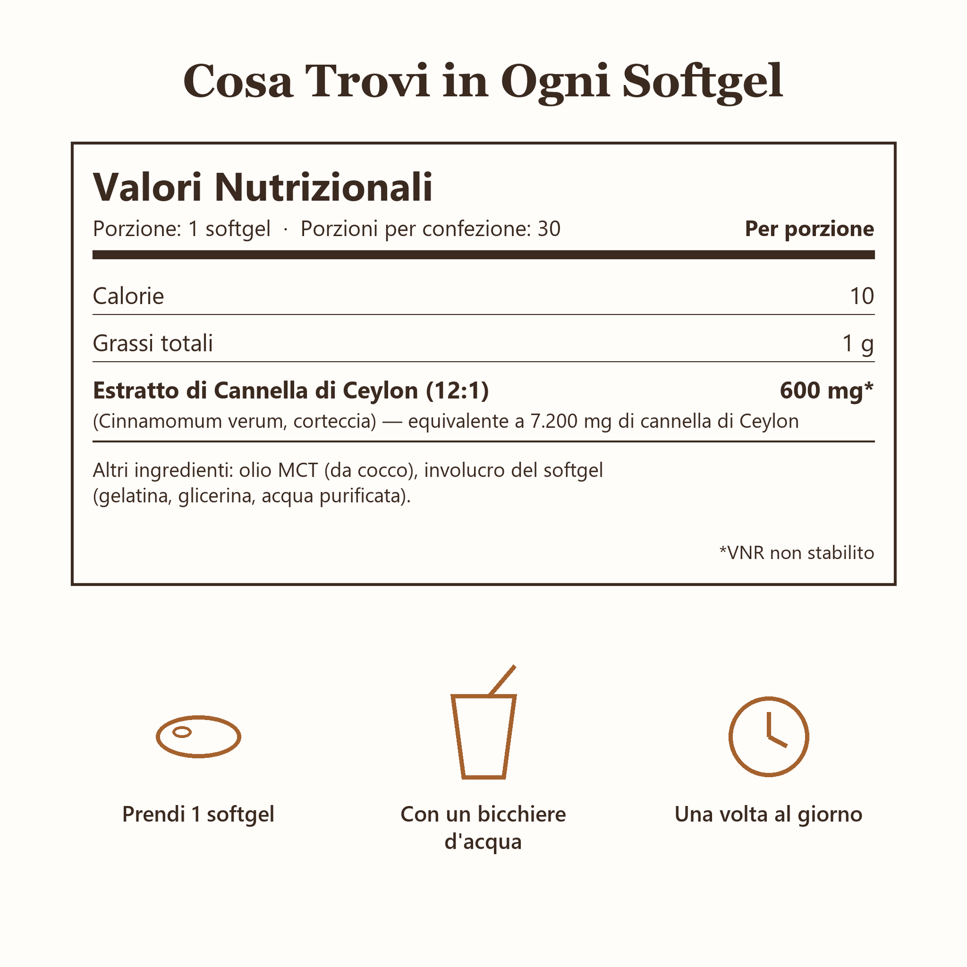 Valori nutrizionali: 600 mg di estratto di cannella di Ceylon 12:1, equivalente a 7.200 mg, con olio MCT
